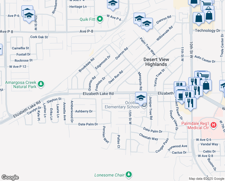 map of restaurants, bars, coffee shops, grocery stores, and more near 1617 Elizabeth Lake Road in Palmdale