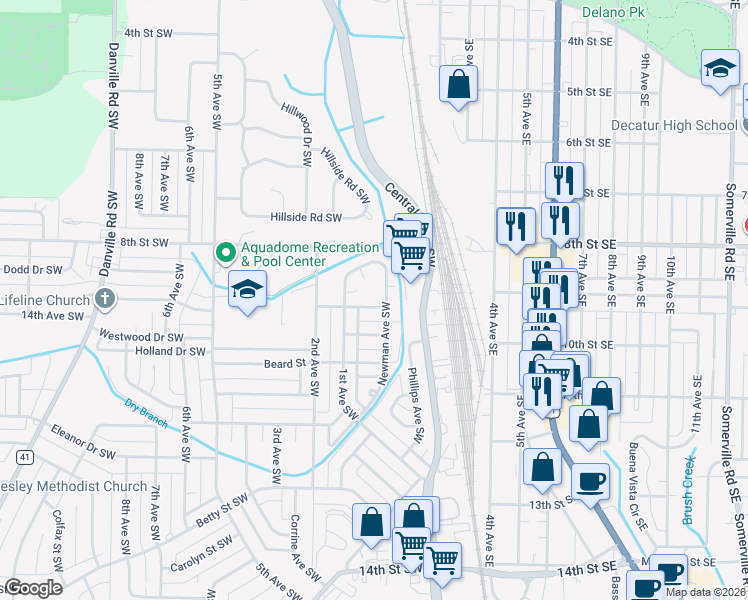 map of restaurants, bars, coffee shops, grocery stores, and more near 115 Daniel Street Southwest in Decatur