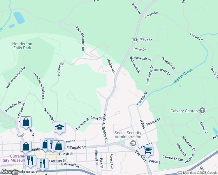 map of restaurants, bars, coffee shops, grocery stores, and more near 52 Scott Street in Toccoa