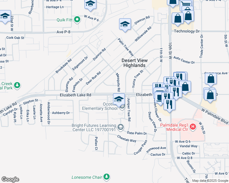 map of restaurants, bars, coffee shops, grocery stores, and more near 1345 Elizabeth Lake Road in Palmdale
