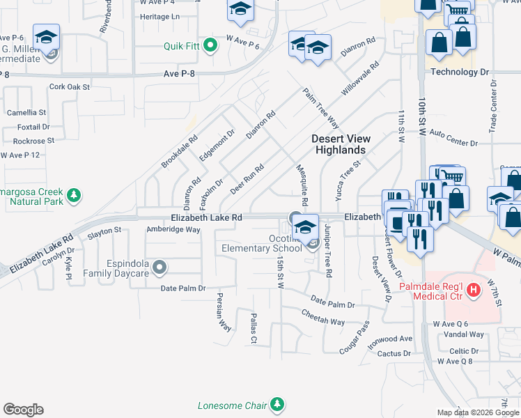 map of restaurants, bars, coffee shops, grocery stores, and more near 1551 Tigertail Court in Palmdale