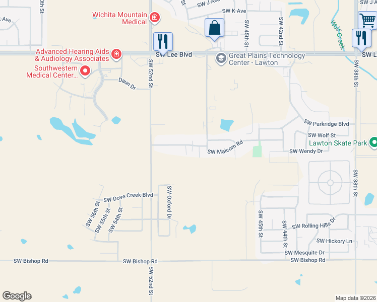 map of restaurants, bars, coffee shops, grocery stores, and more near 4910 Southwest Malcom Road in Lawton