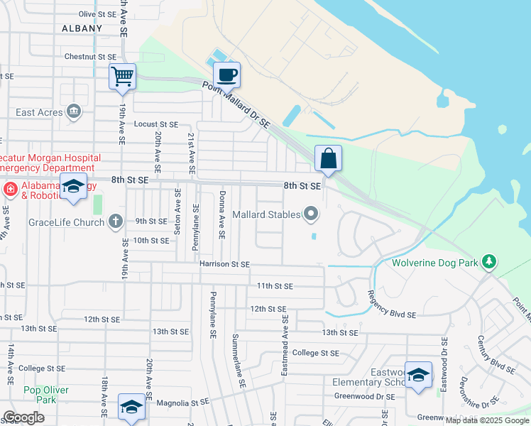 map of restaurants, bars, coffee shops, grocery stores, and more near 2204 Cougar Lane Southeast in Decatur