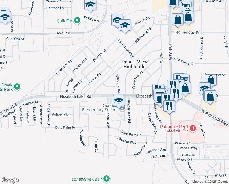 map of restaurants, bars, coffee shops, grocery stores, and more near 1345 Elizabeth Lake Road in Palmdale