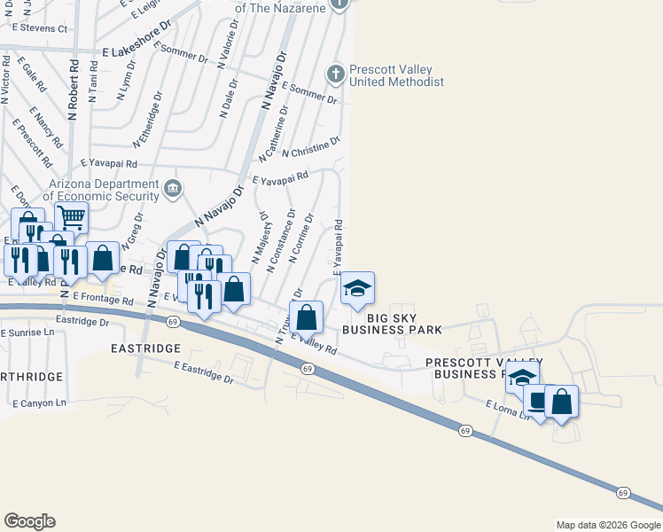 map of restaurants, bars, coffee shops, grocery stores, and more near 3039 North Golden Way in Prescott Valley
