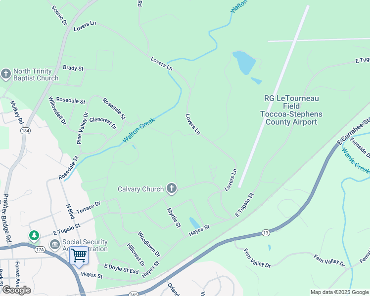 map of restaurants, bars, coffee shops, grocery stores, and more near 348 Cross Creek Lane in Toccoa