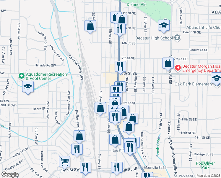 map of restaurants, bars, coffee shops, grocery stores, and more near 1311 5th Avenue Southeast in Decatur