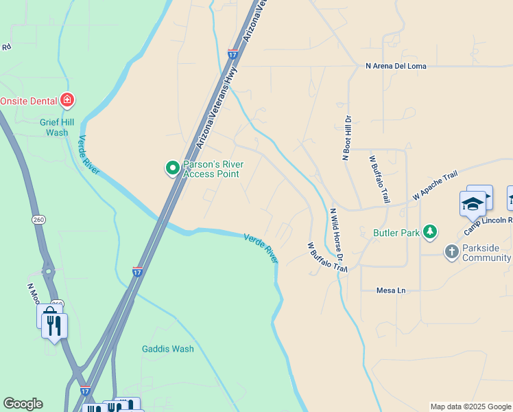 map of restaurants, bars, coffee shops, grocery stores, and more near 1133 W Lariat Ln in Camp Verde