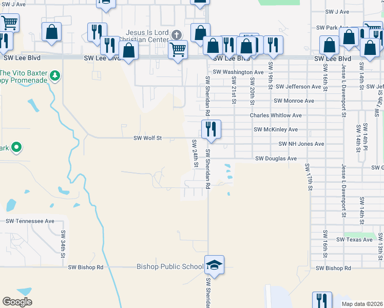 map of restaurants, bars, coffee shops, grocery stores, and more near 1921 Southwest 24th Street in Lawton