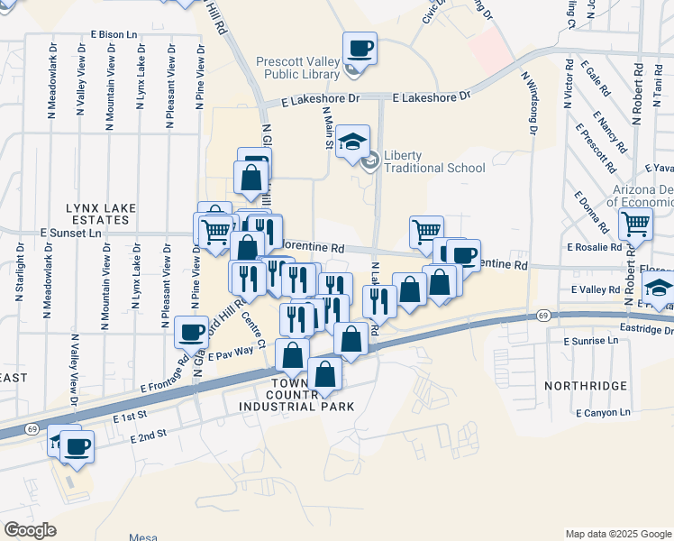 map of restaurants, bars, coffee shops, grocery stores, and more near 3131 N Main Street in Prescott Valley