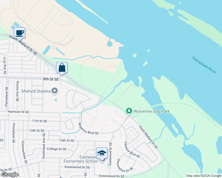 map of restaurants, bars, coffee shops, grocery stores, and more near 2204 Mallard Lane Southeast in Decatur