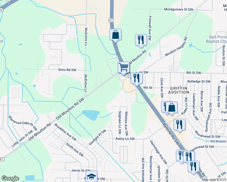 map of restaurants, bars, coffee shops, grocery stores, and more near 2319 Old Moulton Road in Decatur