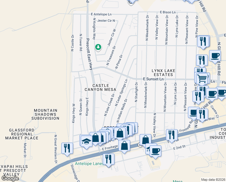 map of restaurants, bars, coffee shops, grocery stores, and more near 3050 North Date Creek Drive in Prescott Valley