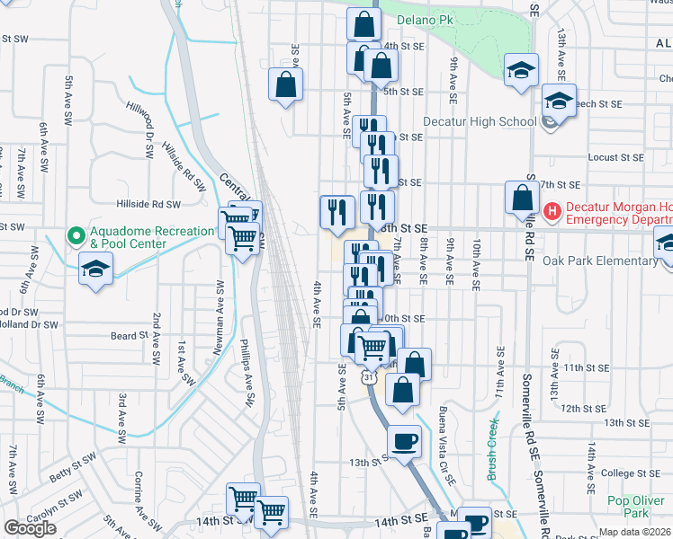 map of restaurants, bars, coffee shops, grocery stores, and more near 1225 5th Avenue Southeast in Decatur