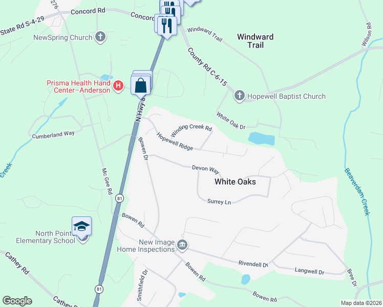 map of restaurants, bars, coffee shops, grocery stores, and more near 122 Winding Creek Road in Anderson