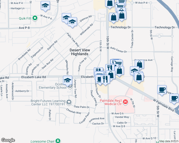 map of restaurants, bars, coffee shops, grocery stores, and more near 1127 West Avenue P-14 in Palmdale