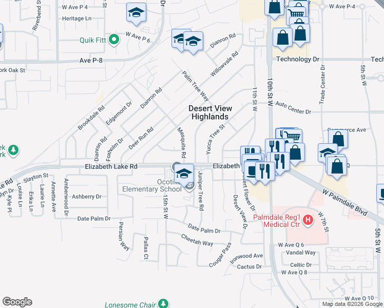 map of restaurants, bars, coffee shops, grocery stores, and more near 38838 Juniper Tree Road in Palmdale