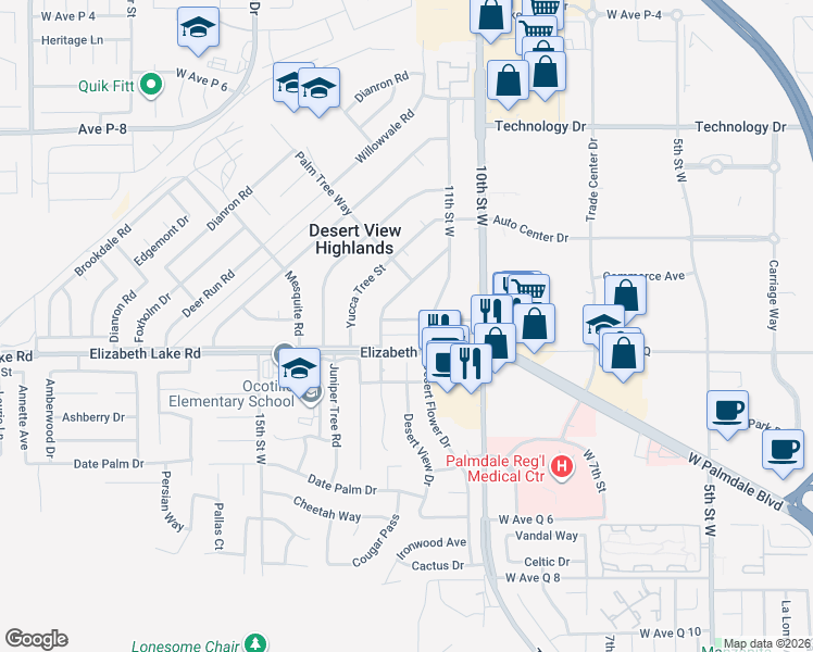 map of restaurants, bars, coffee shops, grocery stores, and more near 1132 West Avenue P-14 in Palmdale