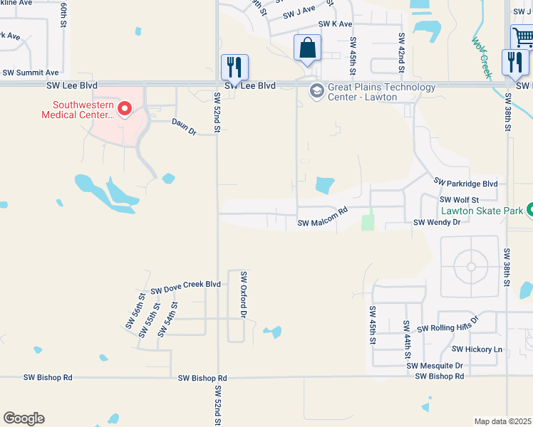 map of restaurants, bars, coffee shops, grocery stores, and more near 5000 Southwest Malcom Road in Lawton
