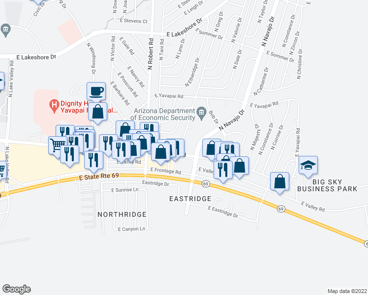 map of restaurants, bars, coffee shops, grocery stores, and more near 3181 North Greg Drive in Prescott Valley