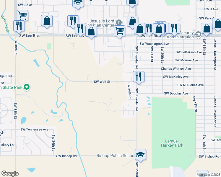 map of restaurants, bars, coffee shops, grocery stores, and more near 2502 Southwest Wolf Street in Lawton