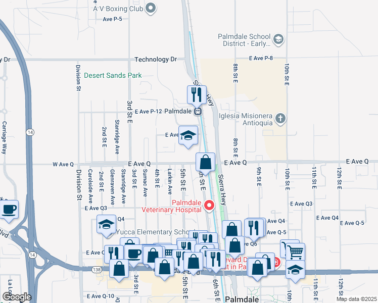 map of restaurants, bars, coffee shops, grocery stores, and more near 38801 Clock Tower Plaza Drive East in Palmdale