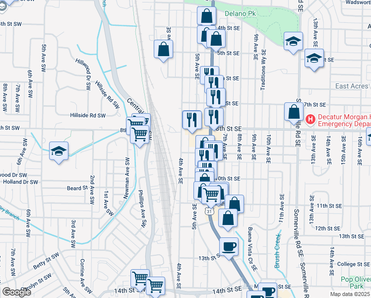 map of restaurants, bars, coffee shops, grocery stores, and more near 1225 5th Avenue Southeast in Decatur