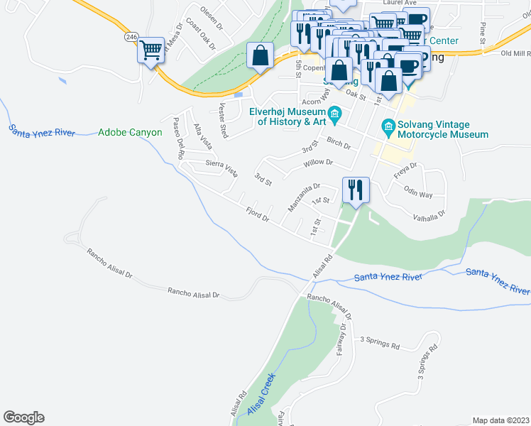 map of restaurants, bars, coffee shops, grocery stores, and more near 53 Ironwood Way in Solvang
