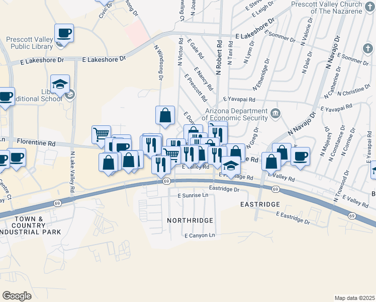 map of restaurants, bars, coffee shops, grocery stores, and more near 8100 East Florentine Road in Prescott Valley