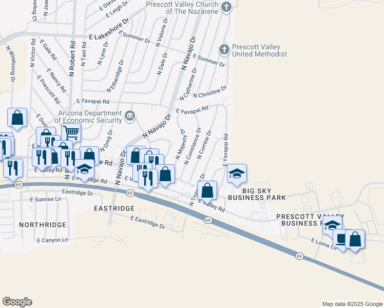 map of restaurants, bars, coffee shops, grocery stores, and more near 3113 North Constance Drive in Prescott Valley