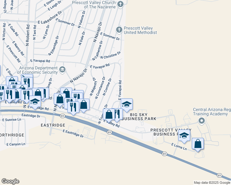 map of restaurants, bars, coffee shops, grocery stores, and more near 3137 North Truwood Drive in Prescott Valley