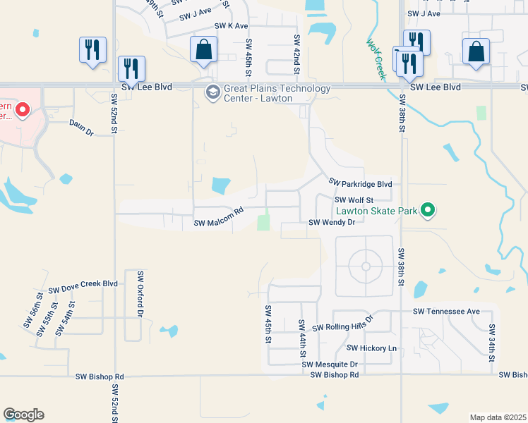 map of restaurants, bars, coffee shops, grocery stores, and more near 4702 Southwest Malcom Road in Lawton