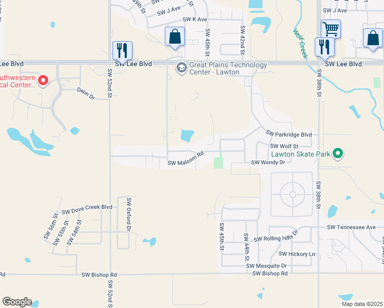 map of restaurants, bars, coffee shops, grocery stores, and more near 4802 Southwest Waterstone Place in Lawton