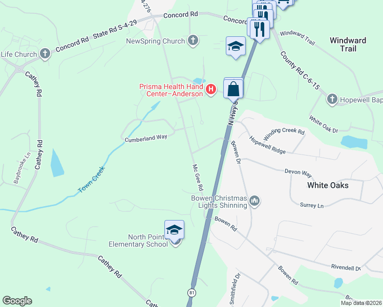map of restaurants, bars, coffee shops, grocery stores, and more near 3197 Mc Gee Road in Anderson