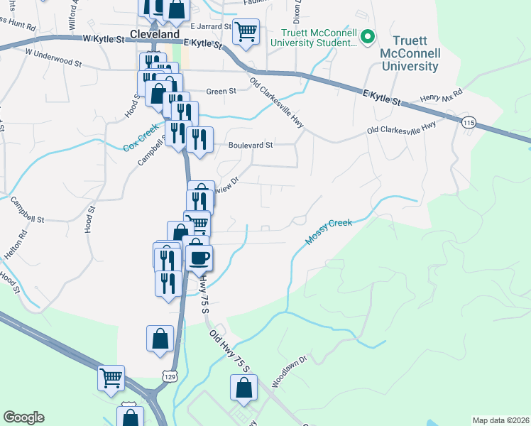 map of restaurants, bars, coffee shops, grocery stores, and more near 419 Pine Crest Circle in Cleveland