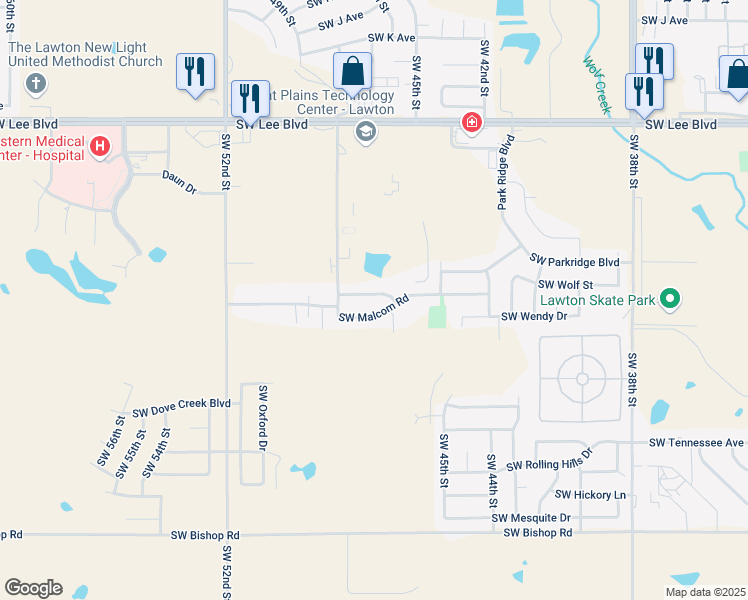 map of restaurants, bars, coffee shops, grocery stores, and more near 4808 Southwest Waterstone Place in Lawton