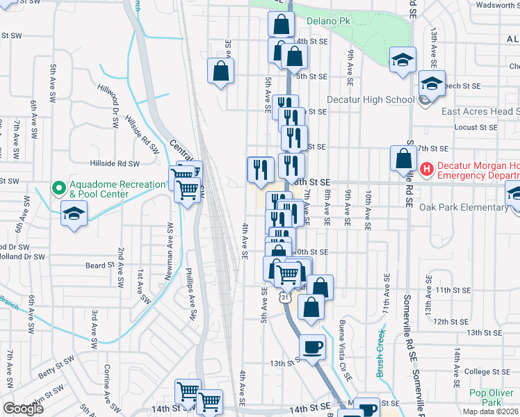 map of restaurants, bars, coffee shops, grocery stores, and more near 1225 5th Avenue Southeast in Decatur