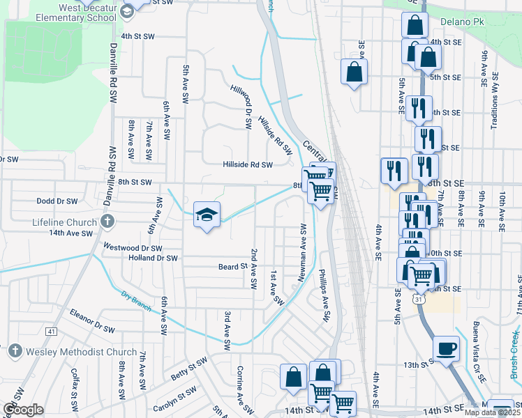 map of restaurants, bars, coffee shops, grocery stores, and more near 116 Blueberry Lane Southwest in Decatur