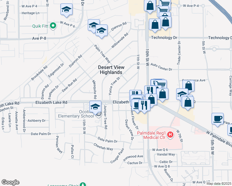 map of restaurants, bars, coffee shops, grocery stores, and more near 38833 Sage Tree Street in Palmdale