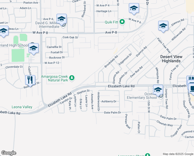 map of restaurants, bars, coffee shops, grocery stores, and more near 38829 Brookdale Road in Palmdale