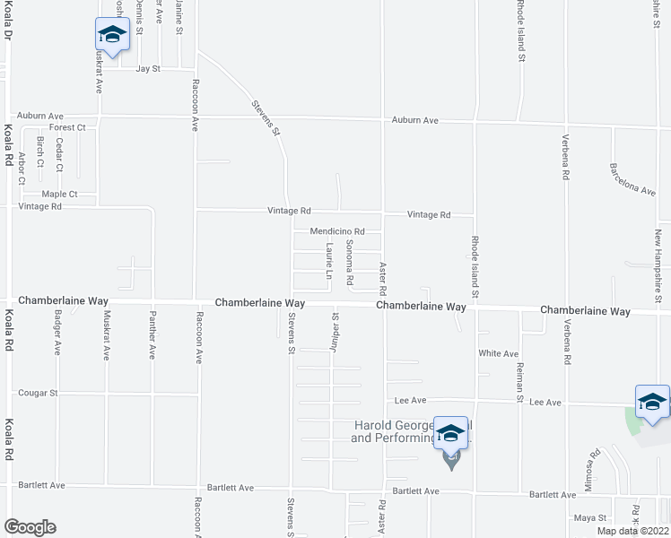 map of restaurants, bars, coffee shops, grocery stores, and more near 18585 Laurie Lane in Adelanto