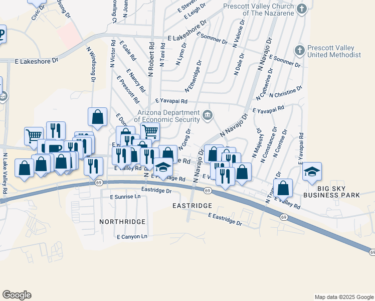 map of restaurants, bars, coffee shops, grocery stores, and more near 3181 North Greg Drive in Prescott Valley
