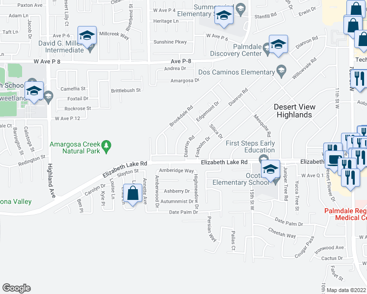 map of restaurants, bars, coffee shops, grocery stores, and more near 38829 Dianron Road in Palmdale