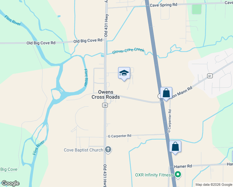 map of restaurants, bars, coffee shops, grocery stores, and more near 135 Wilson Mann Road in Owens Cross Roads