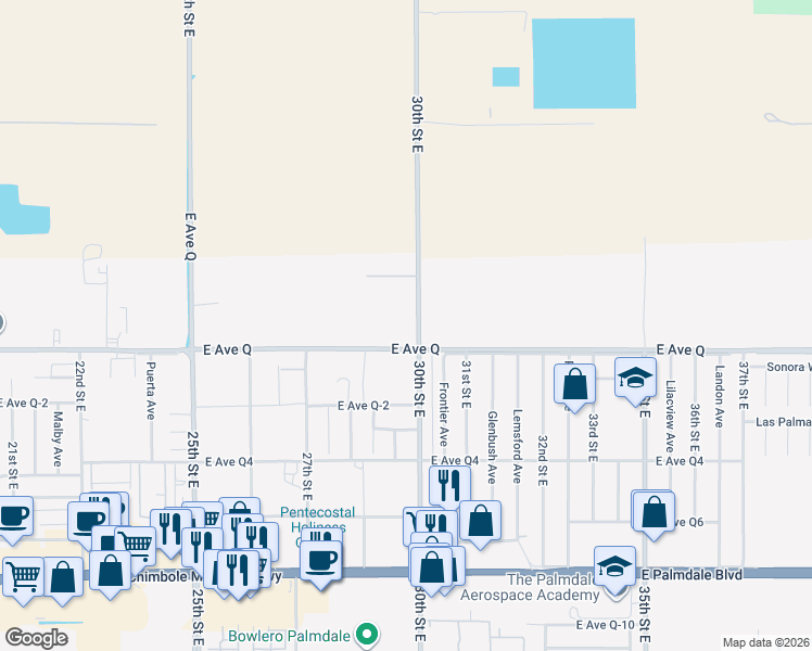 map of restaurants, bars, coffee shops, grocery stores, and more near 38821 30th Street East in Palmdale