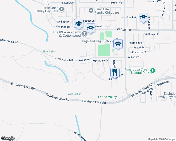map of restaurants, bars, coffee shops, grocery stores, and more near 2812 Bay Ridge Court in Palmdale