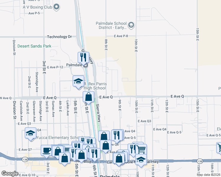 map of restaurants, bars, coffee shops, grocery stores, and more near 38840 8th Street East in Palmdale