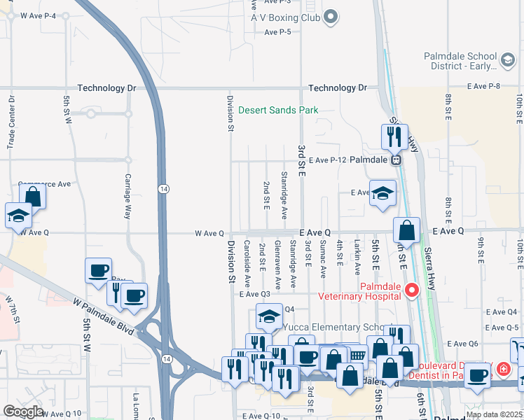 map of restaurants, bars, coffee shops, grocery stores, and more near 38835 2nd Street East in Palmdale