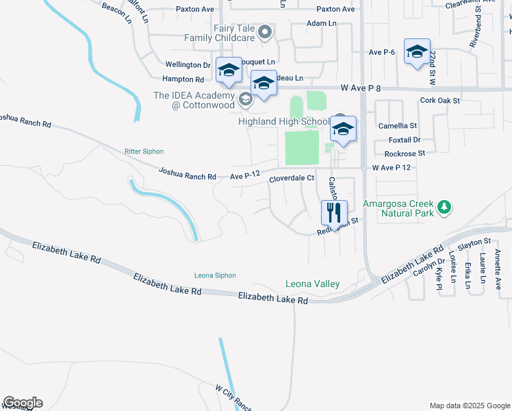 map of restaurants, bars, coffee shops, grocery stores, and more near 2812 Bay Ridge Court in Palmdale