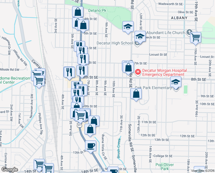 map of restaurants, bars, coffee shops, grocery stores, and more near 1216 9th Avenue Southeast in Decatur